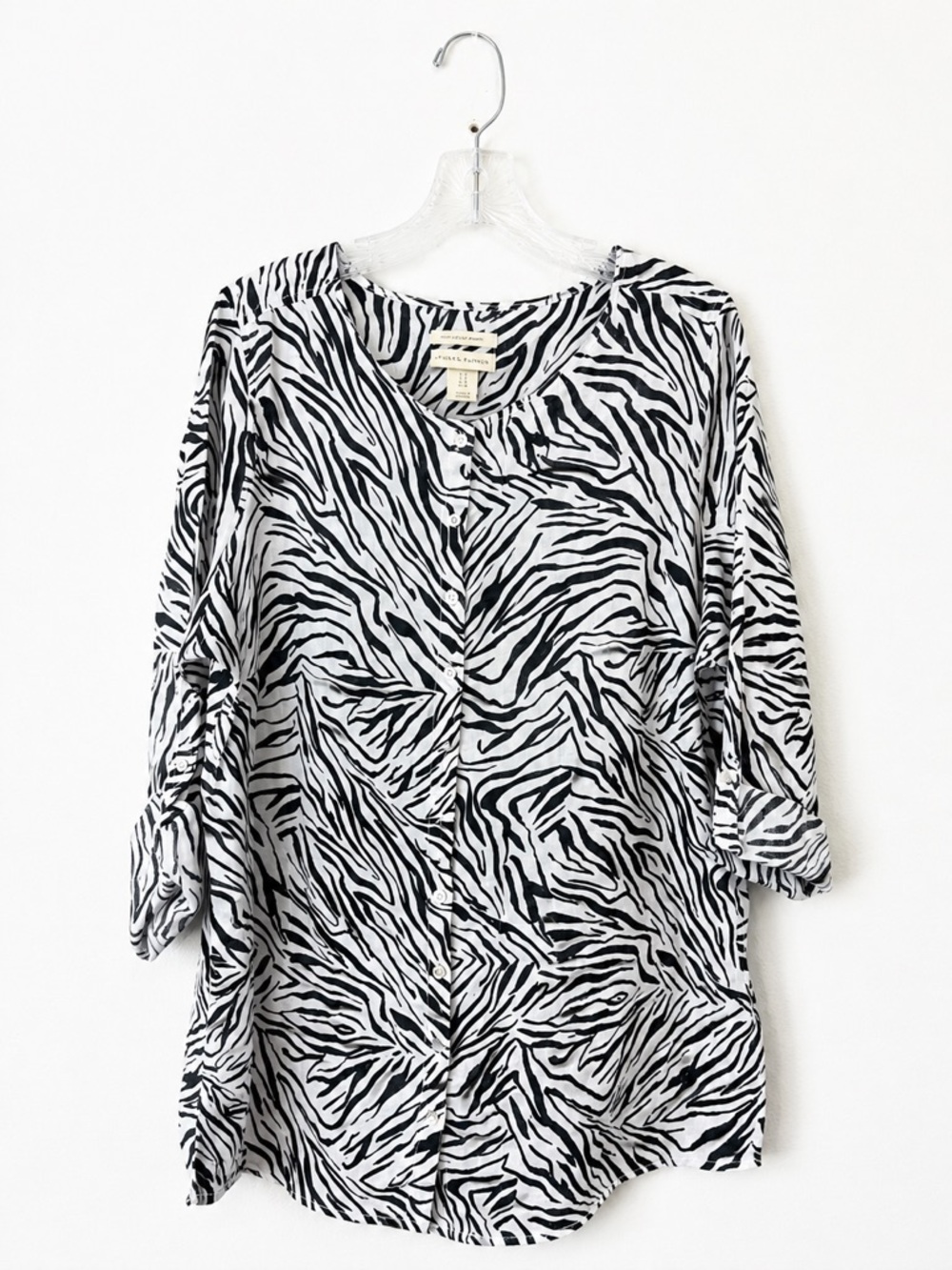 Cynthia Rowley 100% Linen Zebra Print Button Front Tunic Blouse Black White 1X - Picture 4 of 7